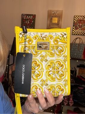 Dolce & Gabbana Yellow and White Tile-Print Crossbody Pouch